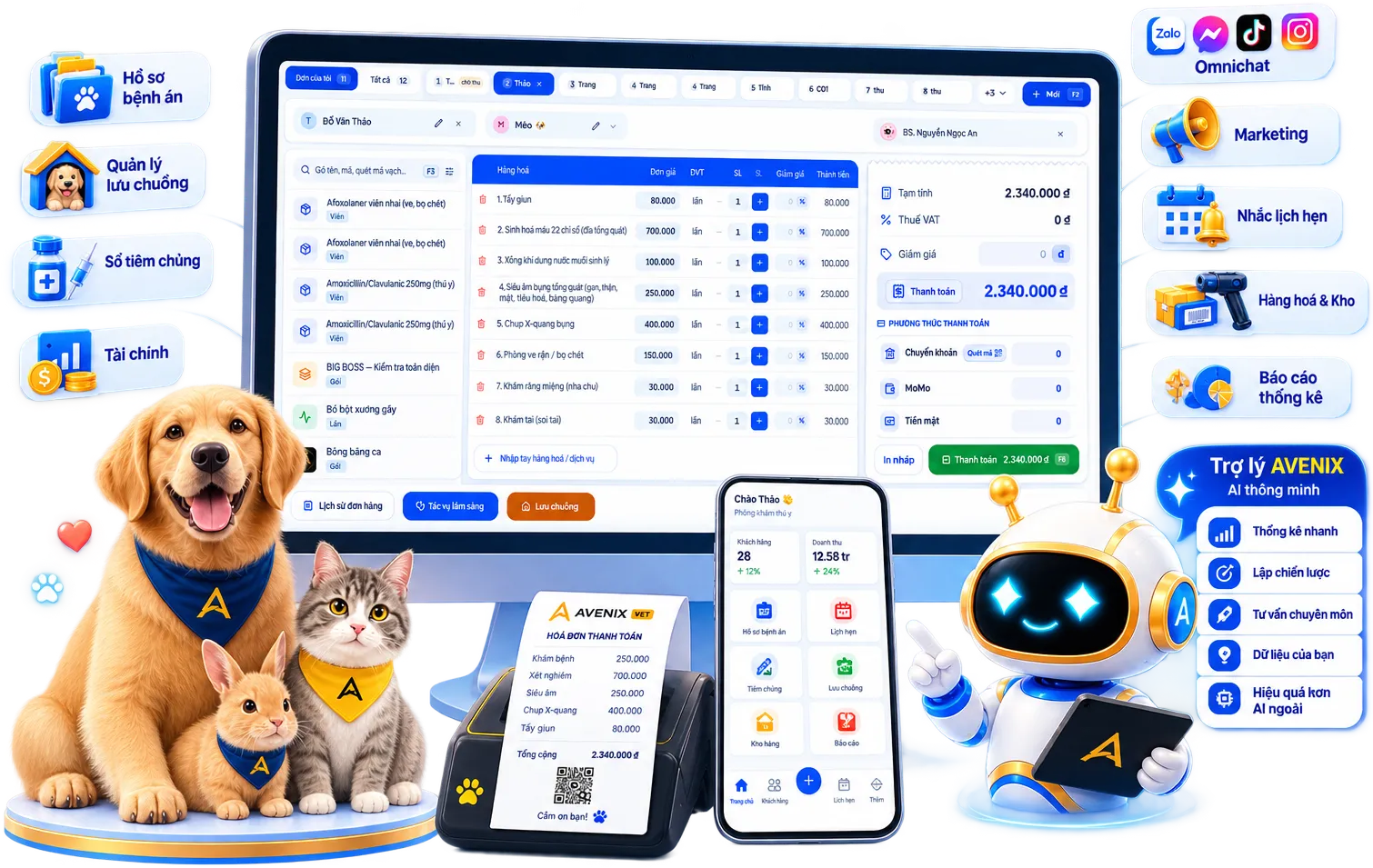 Giao diện phần mềm quản lý phòng khám thú y AVENIX Vet